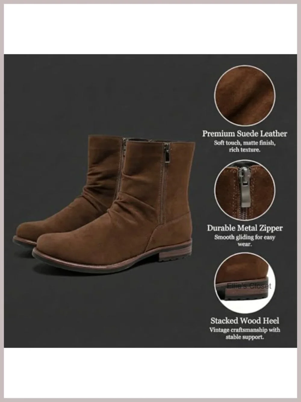Mens Suede-Look Synthetic Leather Slouch Zip Boot Rounded Toe Low Heel